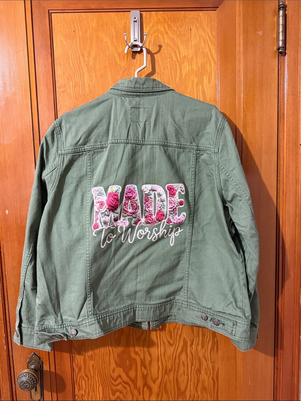 Old Navy Olive Green Jean Jacket with Floral "Made to Worship" Patch